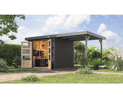 Abri de jardin Karibu Metalwood 3B tôle gris alu avec extension de toit 2,35 m 486,5 x 236,5 cm gris terre Abri de jardin avec carport et porte ouverte dans le jardin