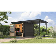 Abri de jardin moderne avec portes ouvertes et espace extérieur couvert.