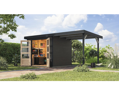 Abri de jardin Karibu Metalwood 3B tôle anthracite avec extension de toit 2,35 m 486,5 x 236,5 cm gris terre Abri de jardin moderne avec portes ouvertes et espace extérieur couvert.