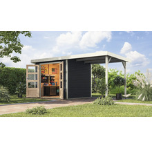 Abri de jardin avec auvent et portes ouvertes sur un ciel bleu