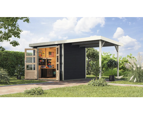 Abri de jardin Karibu Metalwood 3C tôle blanc avec extension de toit 2,35 m 486,5 x 236,5 cm anthracite Abri de jardin avec auvent et portes ouvertes sur un ciel bleu