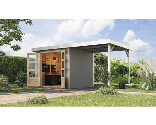 Abri de jardin Karibu Metalwood 3D tôle blanc avec extension de toit 2,35 m 486,5 x 236,5 cm gris eau Maison de jardin en bois avec extension et portes ouvertes dans le jardin