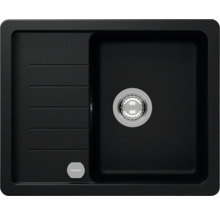 Schwarze Küchenspüle mit Abtropffläche und Schock Logo