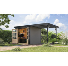 Abri de jardin avec porte ouverte et abri à l''extérieur.