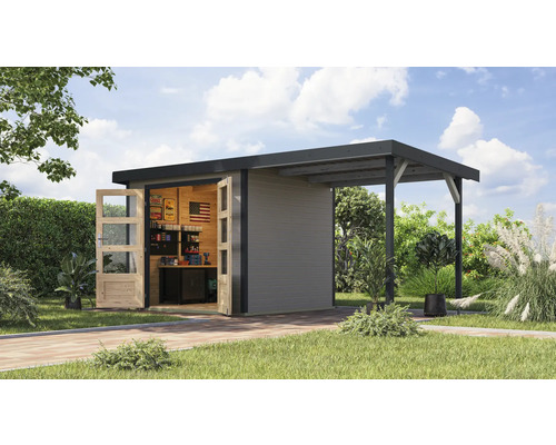 Abri de jardin Karibu Metalwood 3D tôle anthracite avec extension de toit 2,35 m 486,5 x 236,5 cm gris eau Abri de jardin avec porte ouverte et abri à l''extérieur.
