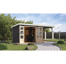 Abri de jardin avec portes doubles ouvertes et armoire à outils dans le jardin