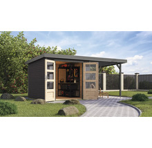 Gartenschuppen mit offenstehenden Doppeltüren, Regalen und Werkzeugen im Garten