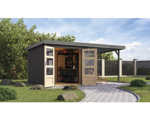Abri de jardin Karibu Metalwood 3,5B tôle gris alu avec extension de toit 2,35 m 486,5 x 266,5 cm gris terre Abri de jardin avec portes doubles ouvertes, étagères et outils dans le jardin