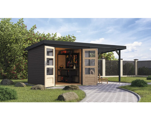 Abri de jardin Karibu Metalwood 3,5B tôle anthracite avec extension de toit 2,35 m 486,5 x 266,5 cm gris terre Abri de jardin avec porte ouverte, équipé d''étagères et d''outils dans le jardin