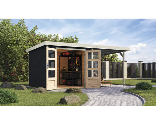 Abri de jardin avec portes ouvertes et étagères pour ranger les outils de jardin