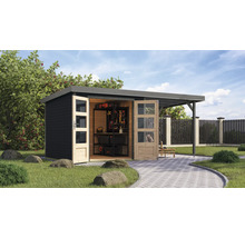 Abri de jardin avec porte double et remise à outils avec étagères et outils sur une pelouse