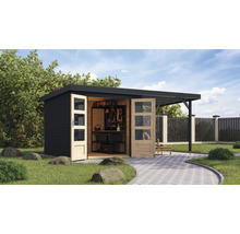 Abri de jardin avec annexe et portes doubles ouvertes, équipé d''étagères et d''outils à l''intérieur.