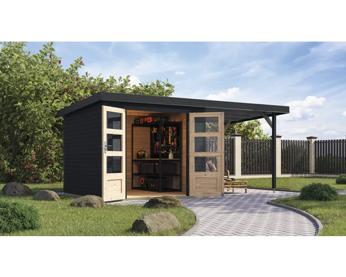 Abri de jardin Karibu Metalwood 3,5C tôle anthracite avec extension de toit 2,35 m 486,5 x 266,5 cm anthracite Abri de jardin avec annexe et portes doubles ouvertes, équipé d''étagères et d''outils à l''intérieur.