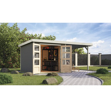 Abri de jardin avec portes doubles ouvertes, abri latéral et étagère à outils à l''intérieur.