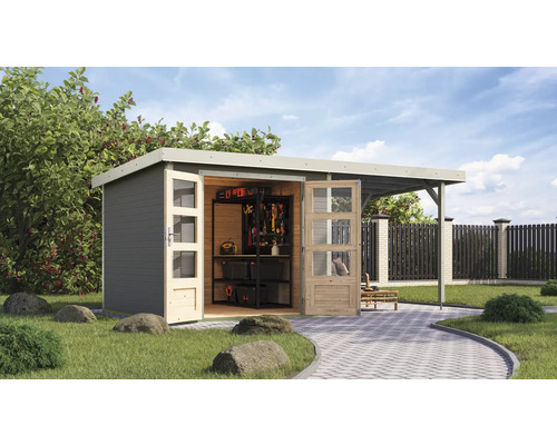 Abri de jardin avec portes doubles ouvertes, abri latéral et étagère à outils à l''intérieur.