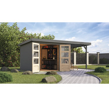 Scène de jardin avec cabane de jardin en bois avec double porte et auvent sur pelouse