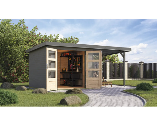 Abri de jardin Karibu Metalwood 3,5D tôle gris alu avec extension de toit 2,35 m 486,5 x 266,5 cm gris eau Scène de jardin avec cabane de jardin en bois avec double porte et auvent sur pelouse