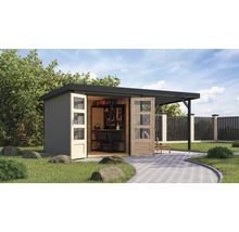 Abri de jardin avec portes doubles ouvertes et abri dans le jardin.