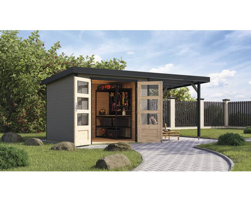 Abri de jardin Karibu Metalwood 3,5D tôle anthracite avec extension de toit 2,35 m 486,5 x 266,5 cm gris eau Abri de jardin avec portes doubles ouvertes et abri dans le jardin.
