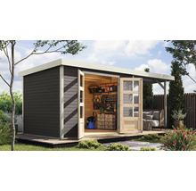 Abri de jardin avec double porte et annexe dans le jardin