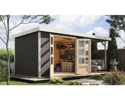 Abri de jardin Karibu Metalwood 4B tôle blanc avec extension de toit 2,35 m 541,5 x 236,5 cm gris terre Abri de jardin avec double porte et annexe dans le jardin