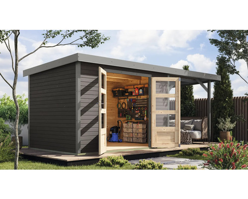 Abri de jardin avec portes doubles ouvertes et outils