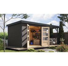 Abri de jardin moderne avec portes doubles ouvertes et intérieur organisé pour le rangement des outils