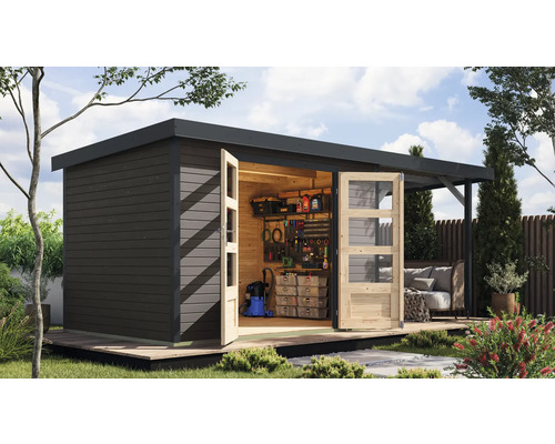 Abri de jardin moderne avec portes doubles ouvertes et intérieur organisé pour le rangement des outils