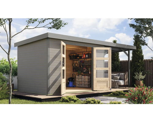 Abri de jardin Karibu Metalwood 4D tôle gris alu avec extension de toit 2,35 m 541,5 x 236,5 cm gris eau Abri de jardin en bois avec double porte et auvent sur une terrasse en bois, servant d''espace de rangement pour les outils et équipements de jardin.