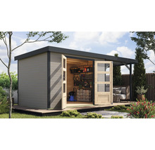 Abri de jardin avec portes doubles ouvertes et terrasse couverte avec des sièges