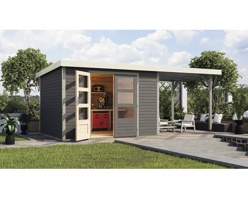 Abri de jardin Karibu Metalwood 5B tôle blanc avec extension de toit 2,35 m 541,5 x 266,5 cm gris terre Abri de jardin avec établi et coin salon sur la terrasse