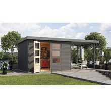 Abri de jardin avec établi et auvent sur pelouse