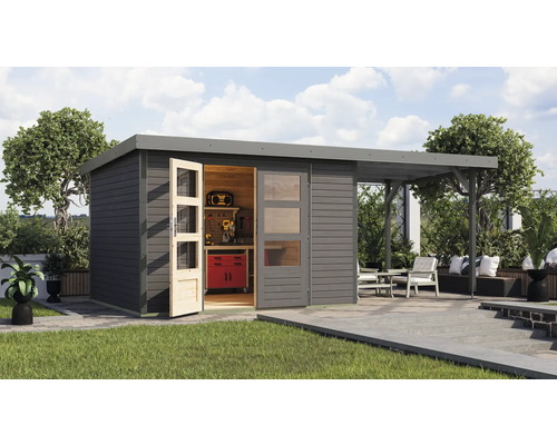 Abri de jardin Karibu Metalwood 5B tôle gris alu avec extension de toit 2,35 m 541,5 x 266,5 cm gris terre Abri de jardin avec établi et auvent sur pelouse