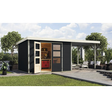 Abri de jardin avec atelier et terrasse couverte sur pelouse