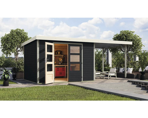 Abri de jardin avec atelier et terrasse couverte sur pelouse