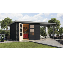 Abri de jardin avec atelier et terrasse couverte à l''extérieur.