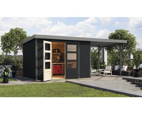Abri de jardin Karibu Metalwood 5C tôle gris alu avec extension de toit 2,35 m 541,5 x 266,5 cm anthracite Abri de jardin avec atelier et terrasse couverte à l''extérieur.