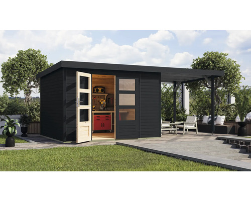 Abri de jardin avec établi et auvent à l''extérieur.