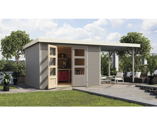 Abri de jardin Karibu Metalwood 5D tôle blanc avec extension de toit 2,35 m 541,5 x 266,5 cm gris eau Abri de jardin avec établi, outils et coin salon extérieur sur pelouse