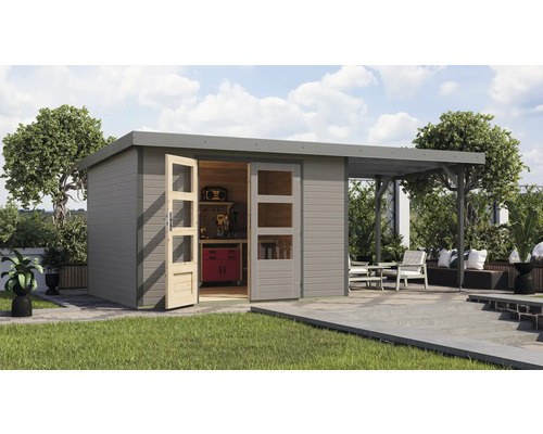 Abri de jardin Karibu Metalwood 5D tôle gris alu avec extension de toit 2,35 m 541,5 x 266,5 cm gris eau Scène de jardin avec remise à outils en bois, établi et terrasse couverte avec des sièges