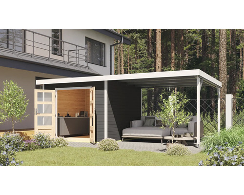 Abri de jardin Karibu Metalwood 2B tôle blanc avec extension de toit 567 x 271 cm gris terre Abri de jardin Karibu Metalwood 2B tôle blanc avec extension de toit 567 x 271 cm gris terre