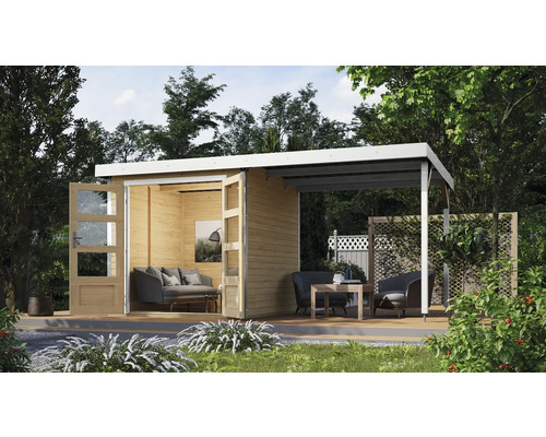 Abri de jardin Karibu Metalwood tôle blanc avec extension de toit 438 x 236,5 cm nature Abri de jardin Karibu Metalwood tôle blanc avec extension de toit 438 x 236,5 cm nature