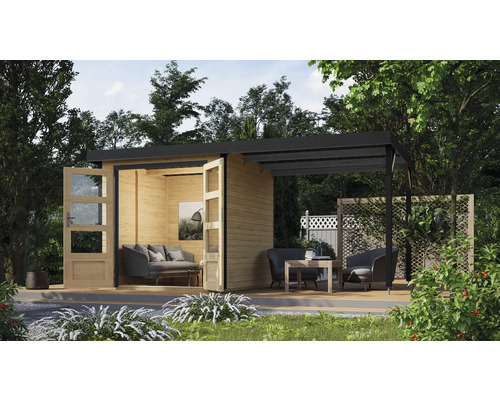 Abri de jardin Karibu Metalwood tôle anthracite avec extension de toit 438 x 236,5 cm nature Abri de jardin Karibu Metalwood tôle anthracite avec extension de toit 438 x 236,5 cm nature