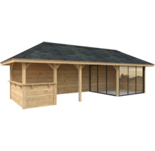 Pavillon de jardin en bois avec toit en bardeaux et façade vitrée
