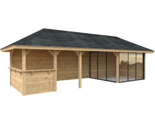 Pavillon de jardin en bois avec toit en bardeaux et façade vitrée