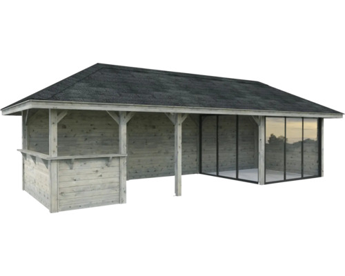 Maison de jardin en bois avec toit et portes coulissantes en verre