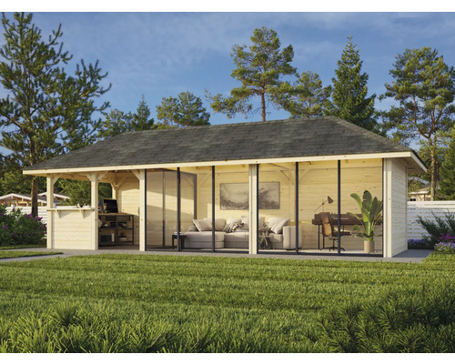 Pavillon de jardin avec portes coulissantes, terrasse et coin salon dans un cadre verdoyant