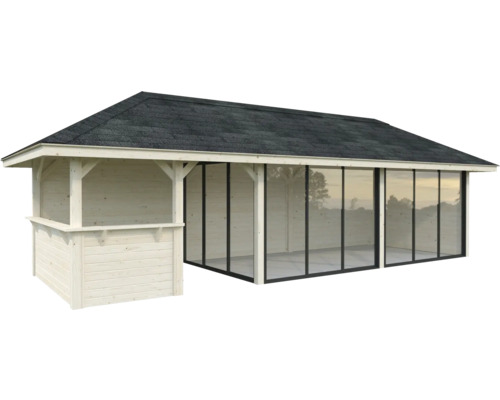 Maison de jardin en bois avec façade en verre et annexe