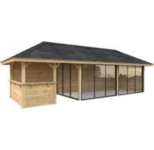 Pavillon de jardin en bois avec portes coulissantes en verre et bar