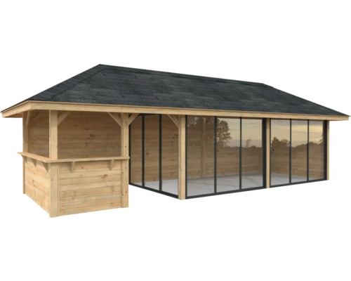 Pavillon de jardin en bois avec portes coulissantes en verre et bar